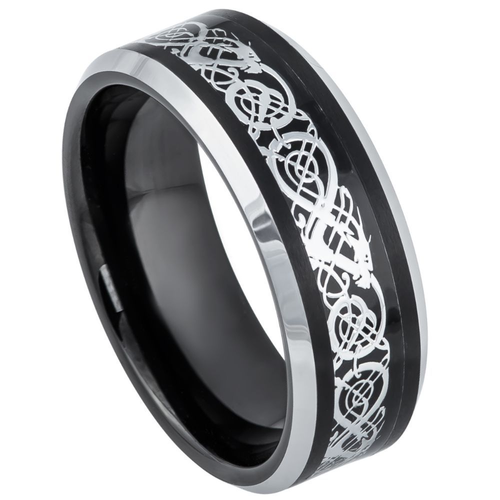 8mm Black Tungsten Band with Silver Celtic Dragon Inlay on white background