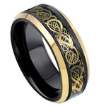 8mm Black Tungsten Band with Yellow Celtic Dragon Inlay on white background