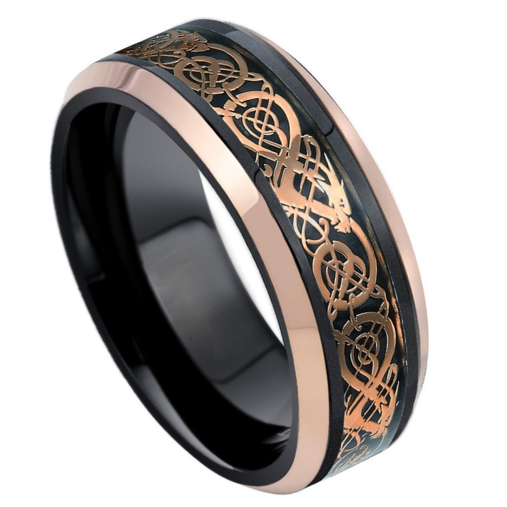 8mm Black Tungsten Band with Rose Celtic Dragon Inlay on white background