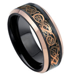 8mm Black Tungsten Band with Rose Celtic Dragon Inlay on white background