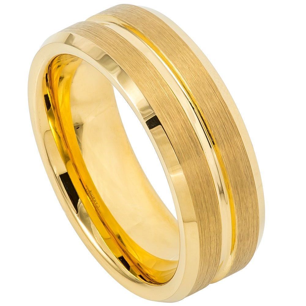 8mm Yellow Tungsten Brushed Band with Polished Double Grooves on white background