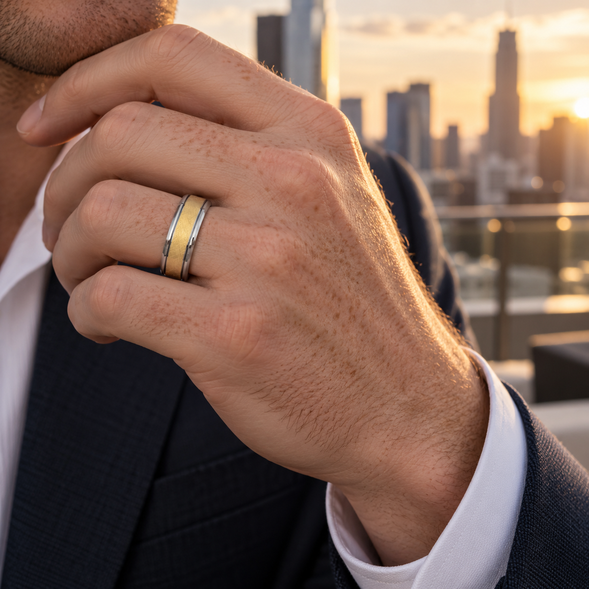 8mm Yellow & Silver Tungsten Wire-Brushed Band lifestyle image