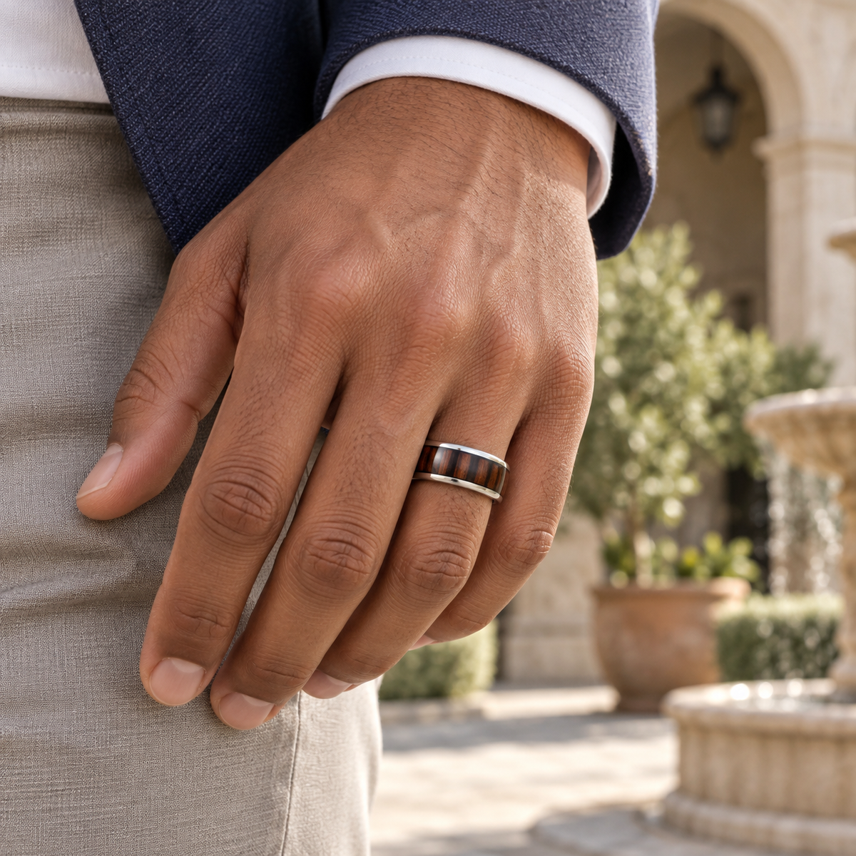 8mm Tungsten Domed Band with Rosewood Inlay lifestyle image