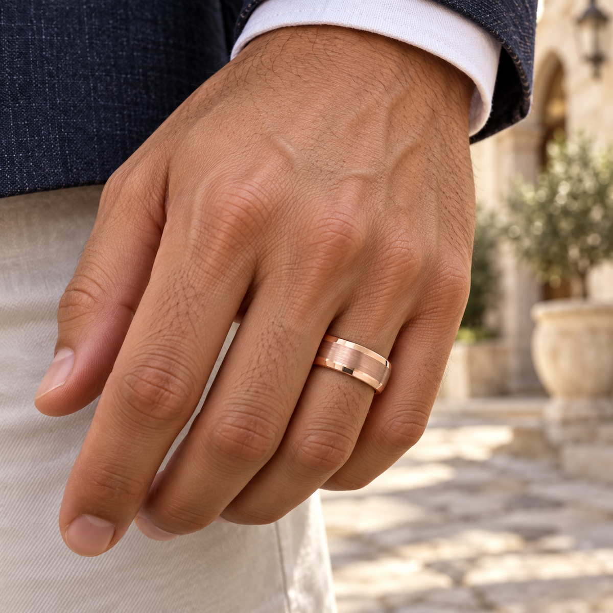 8mm Rose Tungsten Brushed Beveled-Edge Band lifestyle image
