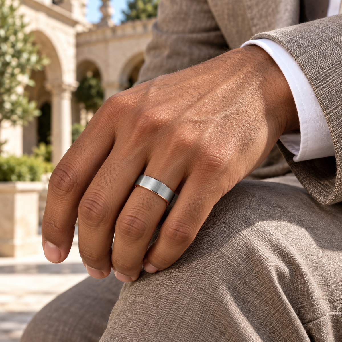 8mm Tungsten Brushed Domed Band with Rose Interior lifestyle image