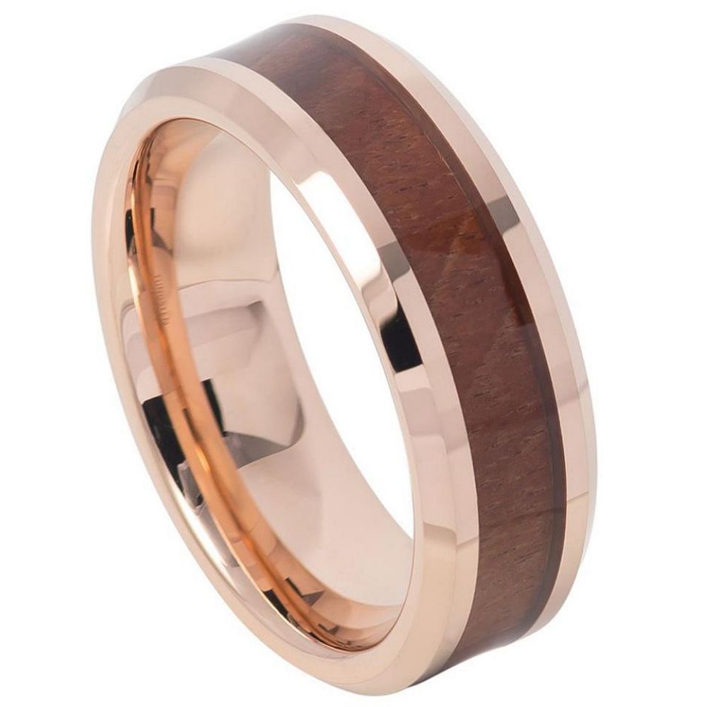 8mm Rose Tungsten Brushed Band with Dark Center Stripe on white background
