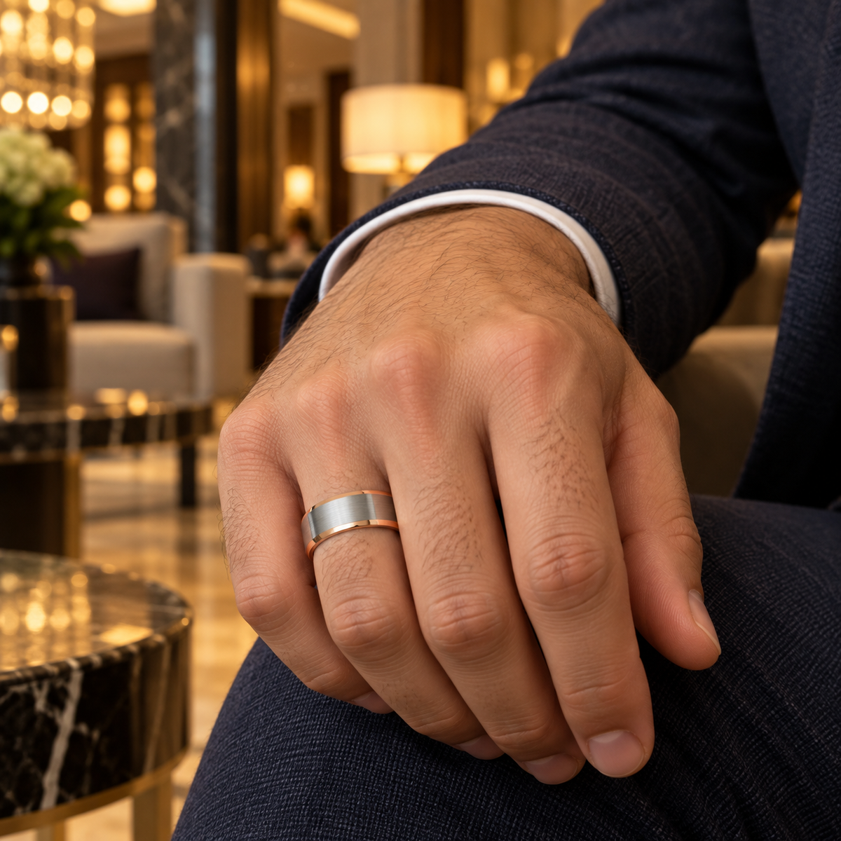 8mm Tungsten Brushed Band with Rose Edges lifestyle image