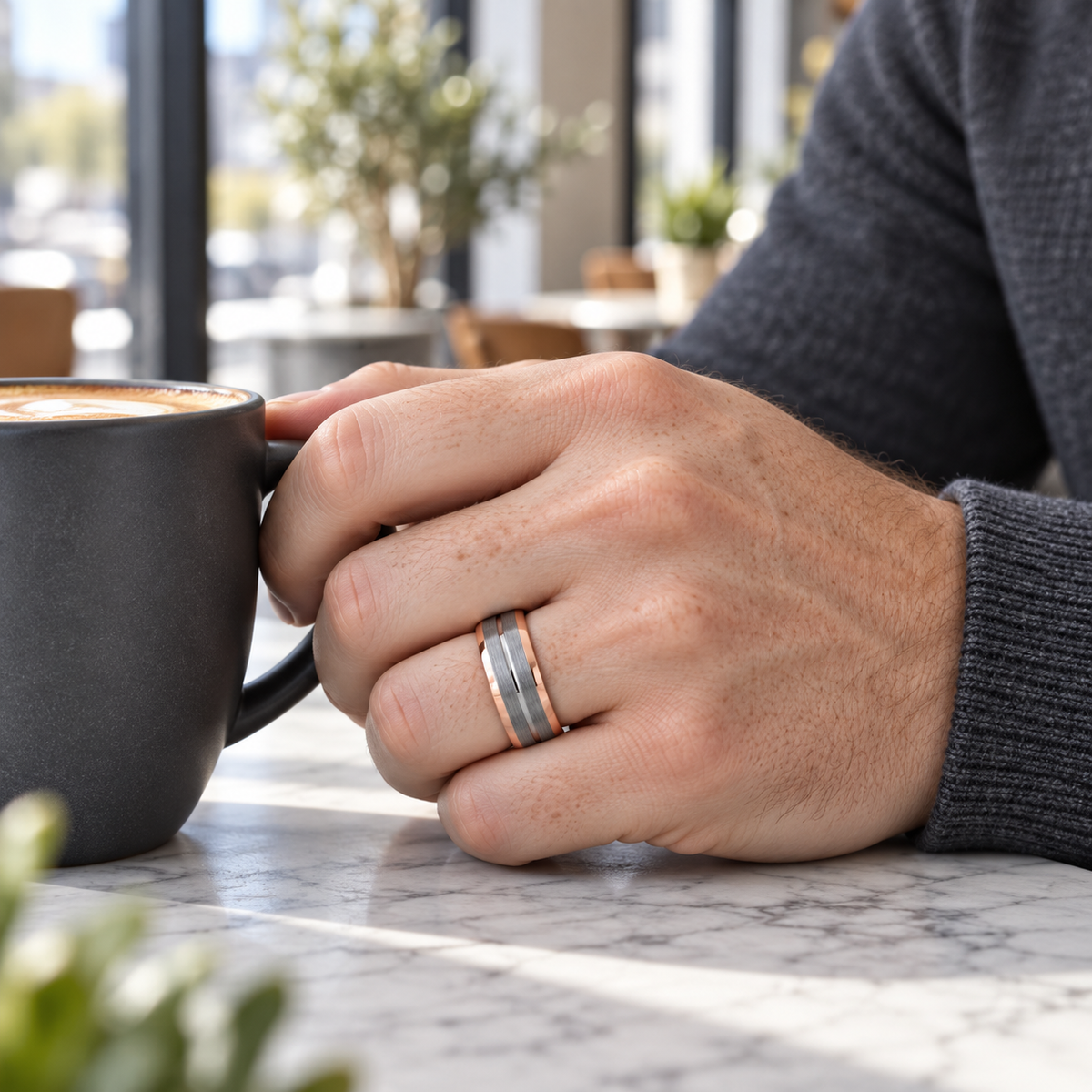 TR743 tungsten wedding band lifestyle image