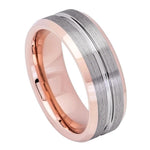 8mm Silver Tungsten Brushed Band with Rose Beveled Edges on white background