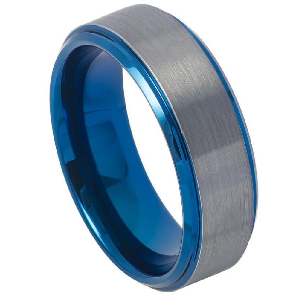 8mm Gunmetal Tungsten Brushed Band with Blue Interior on white background
