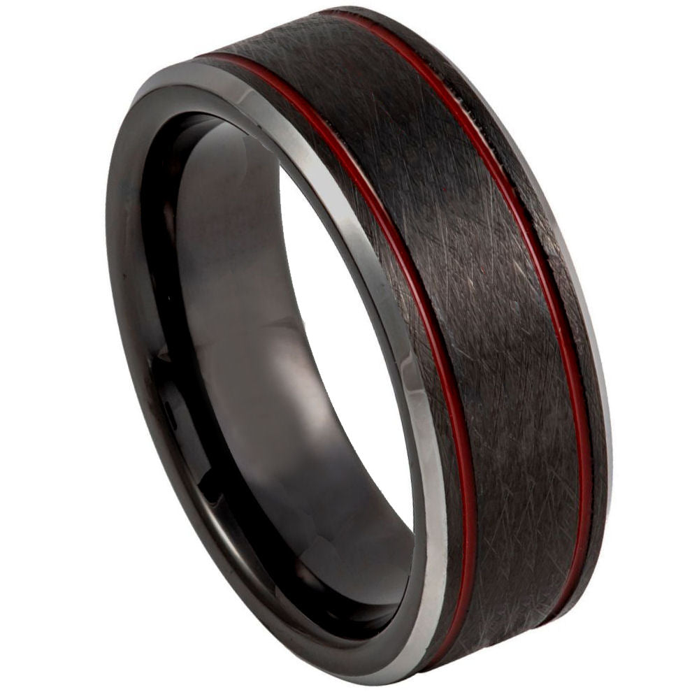 8mm Black Tungsten Brushed Band with Red Edge Grooves on white background