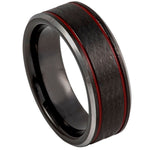 8mm Black Tungsten Brushed Band with Red Edge Grooves on white background