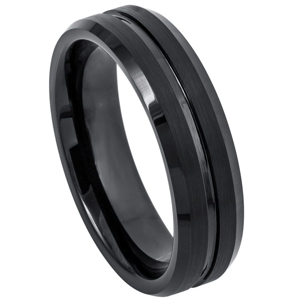 6mm Black Tungsten High-Polish Grooved Beveled Band on white background