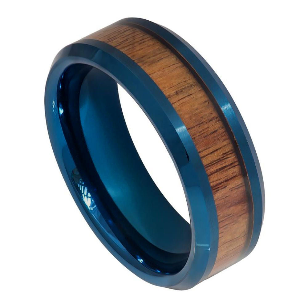 8mm Blue Tungsten Band with Wood Inlay on white background