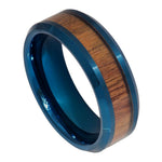 8mm Blue Tungsten Band with Wood Inlay on white background
