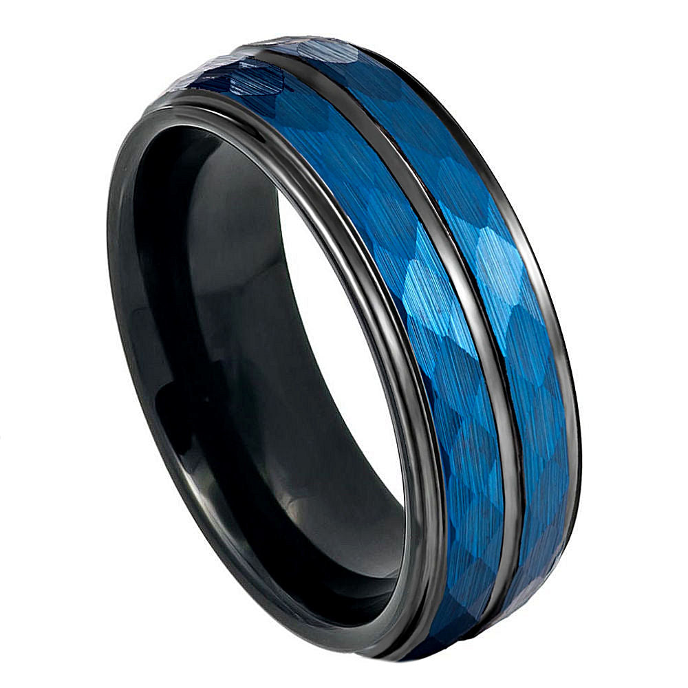 8mm Black Tungsten Band with Blue Marbled Inlay on white background
