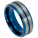 8mm Blue & Silver Tungsten Brushed Double-Groove Band on white background