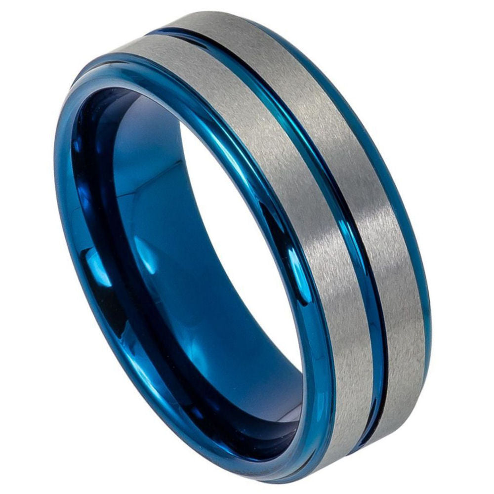8mm Blue & Silver Tungsten Brushed Double-Groove Band on white background