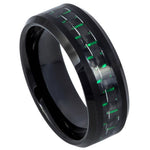 8mm Black Tungsten Band with Green Carbon Fiber Inlay on white background