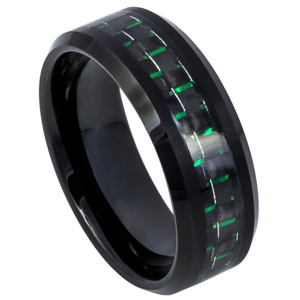 8mm Black Tungsten Band with Green Carbon Fiber Inlay on white background