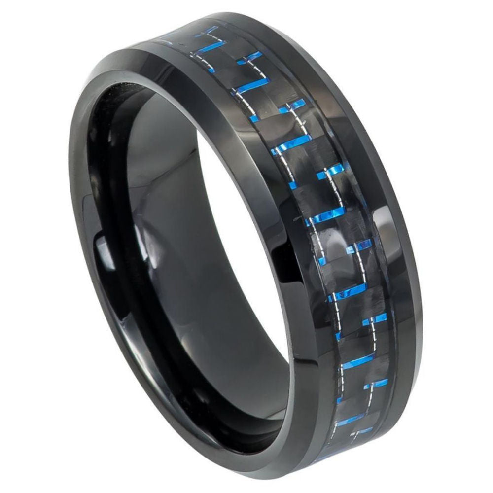8mm Black Tungsten Band with Blue Carbon Fiber Inlay on white background