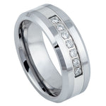 8mm Silver Tungsten Beveled Band with Diamonds on white background