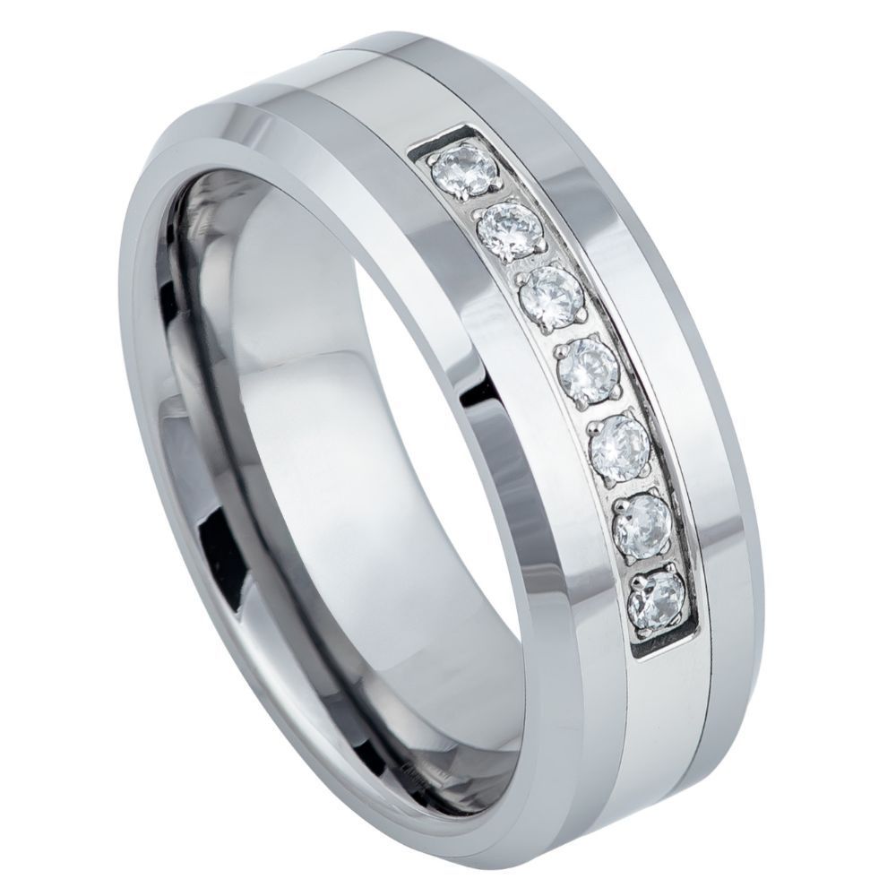 8mm Silver Tungsten Beveled Band with Diamonds on white background