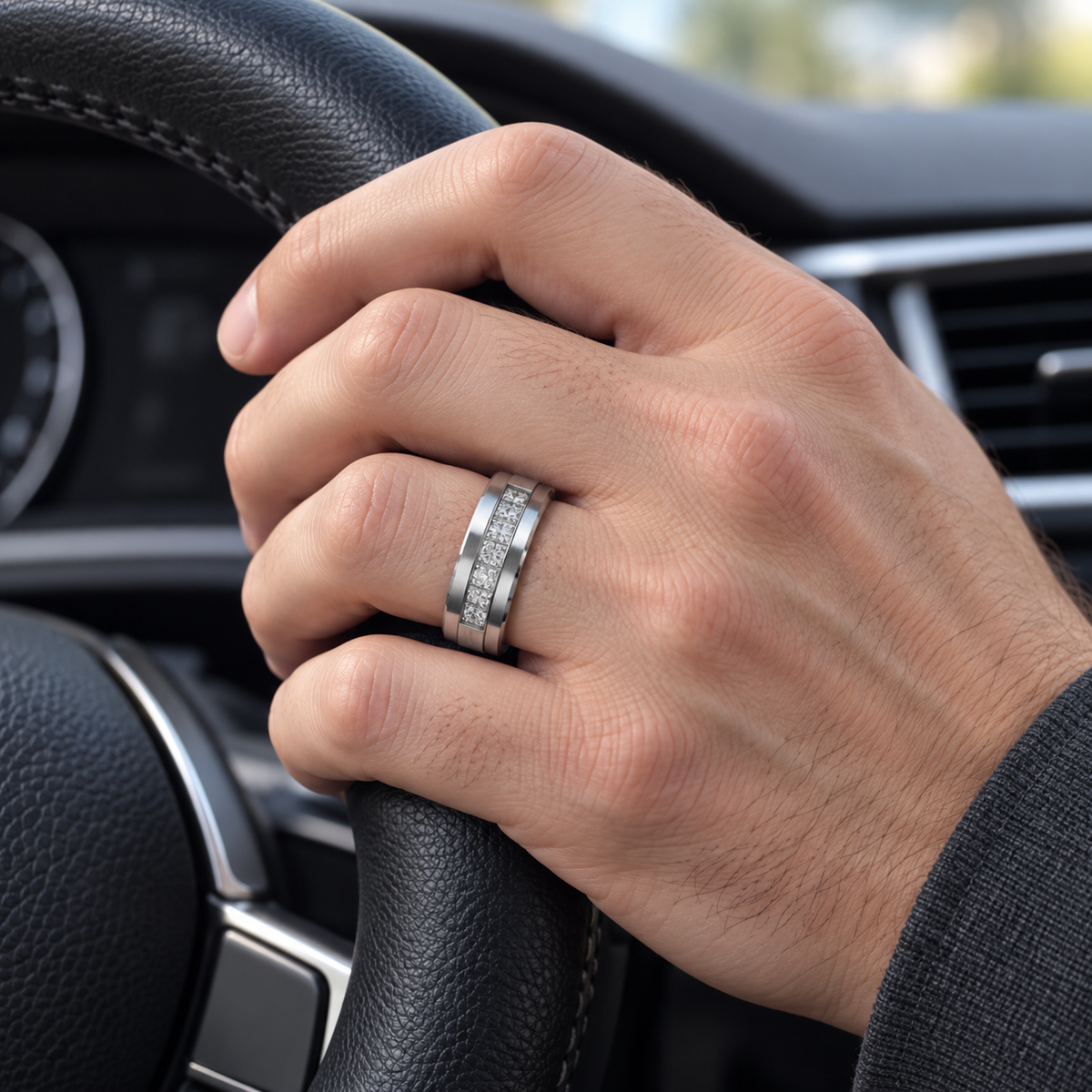 8mm Silver Tungsten Brushed Band with Diamonds lifestyle image