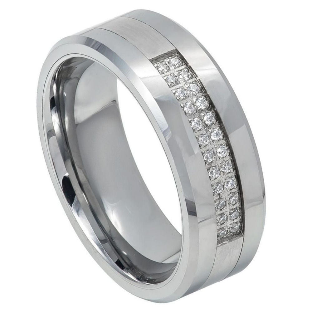 8mm Silver Tungsten Brushed Band with Diamonds on white background