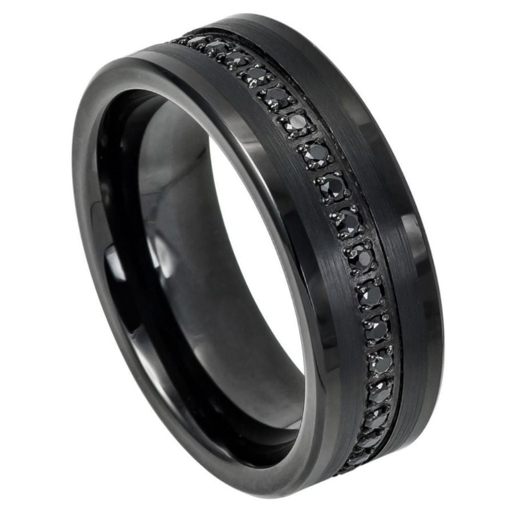 8mm Black Tungsten Brushed Band with Black Diamond on white background