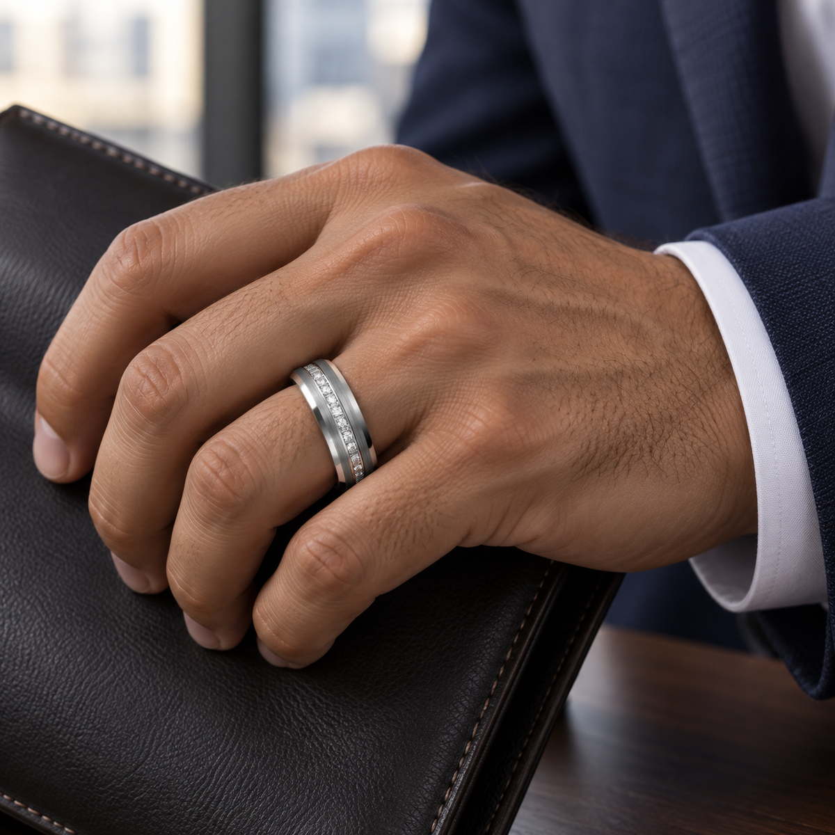 8mm Silver Tungsten Band with Diamonds lifestyle image