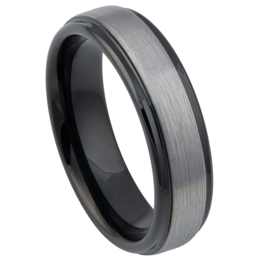 6mm Black & Gray Tungsten Stepped-Edge Band on white background