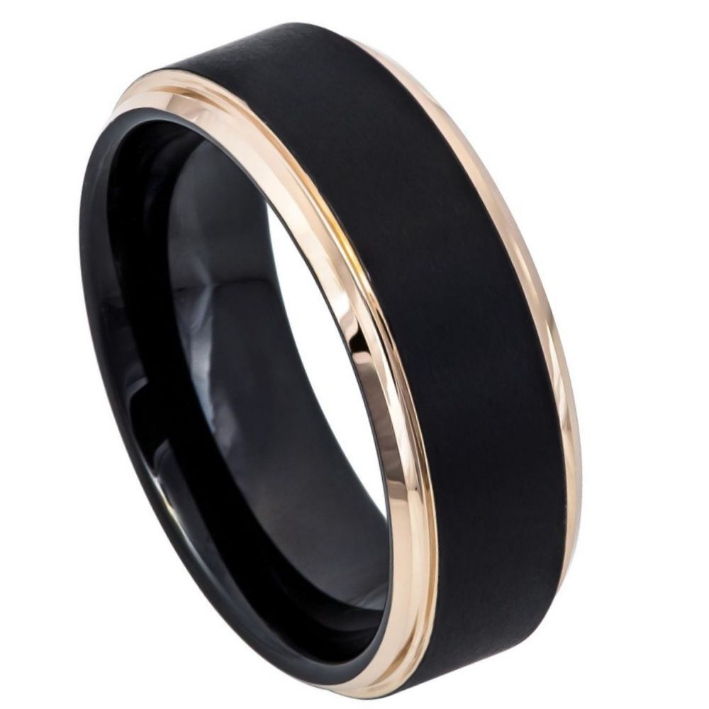 8mm Black Tungsten Brushed Band with Rose Stepped Edges on white background