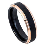 6mm Black Tungsten Brushed Band with Rose Stepped Edges on white background