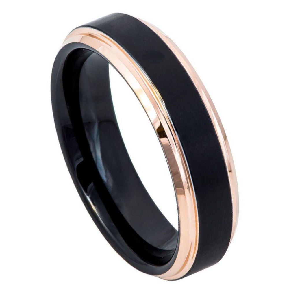 6mm Black Tungsten Brushed Band with Rose Stepped Edges on white background