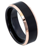 8mm Black Tungsten Brushed Band with Rose Beveled Edges on white background