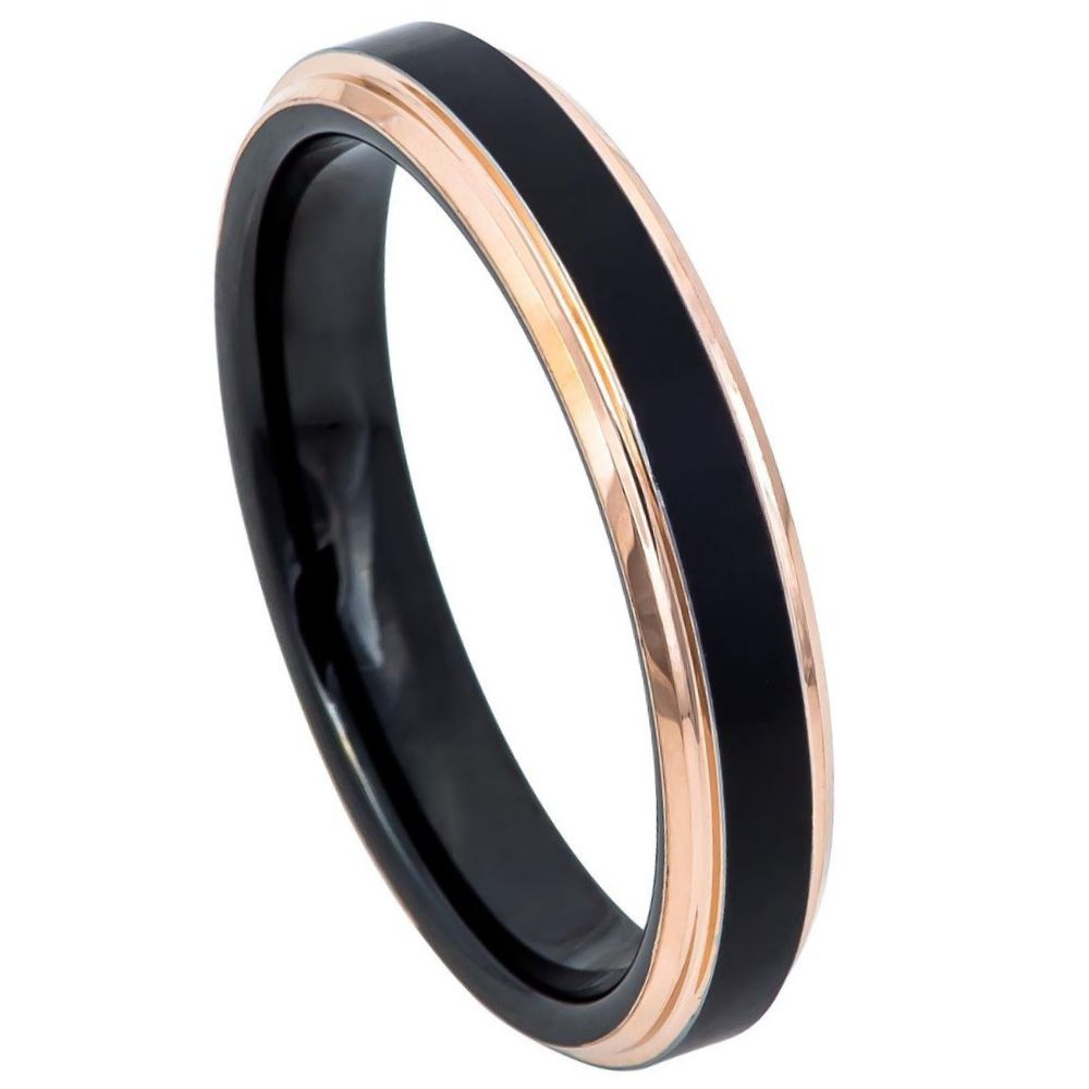 4mm Black Tungsten Brushed Band with Rose Stepped Edges on white background