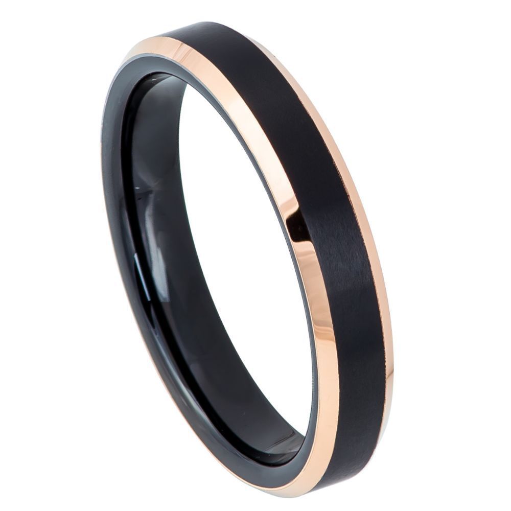 4mm Black Tungsten Brushed Band with Rose Beveled Edges on white background