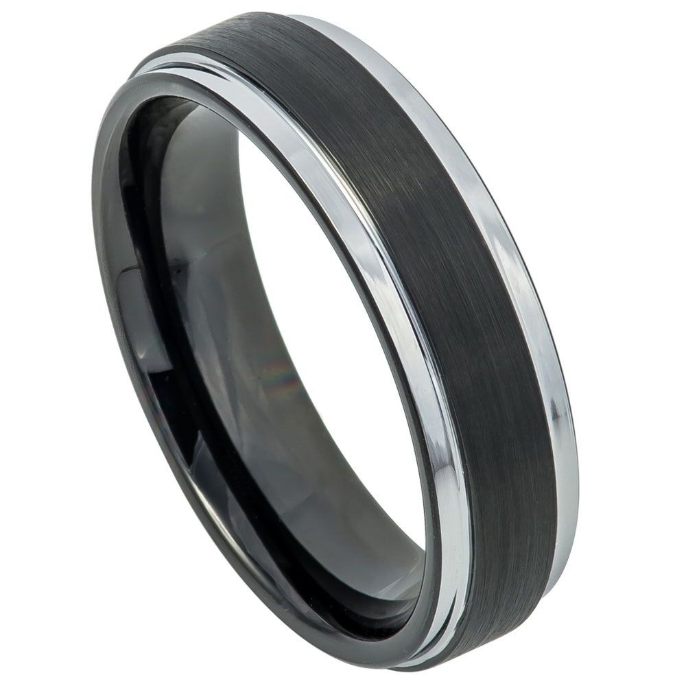 6mm Black Tungsten Brushed Band with Silver Double Grooves on white background