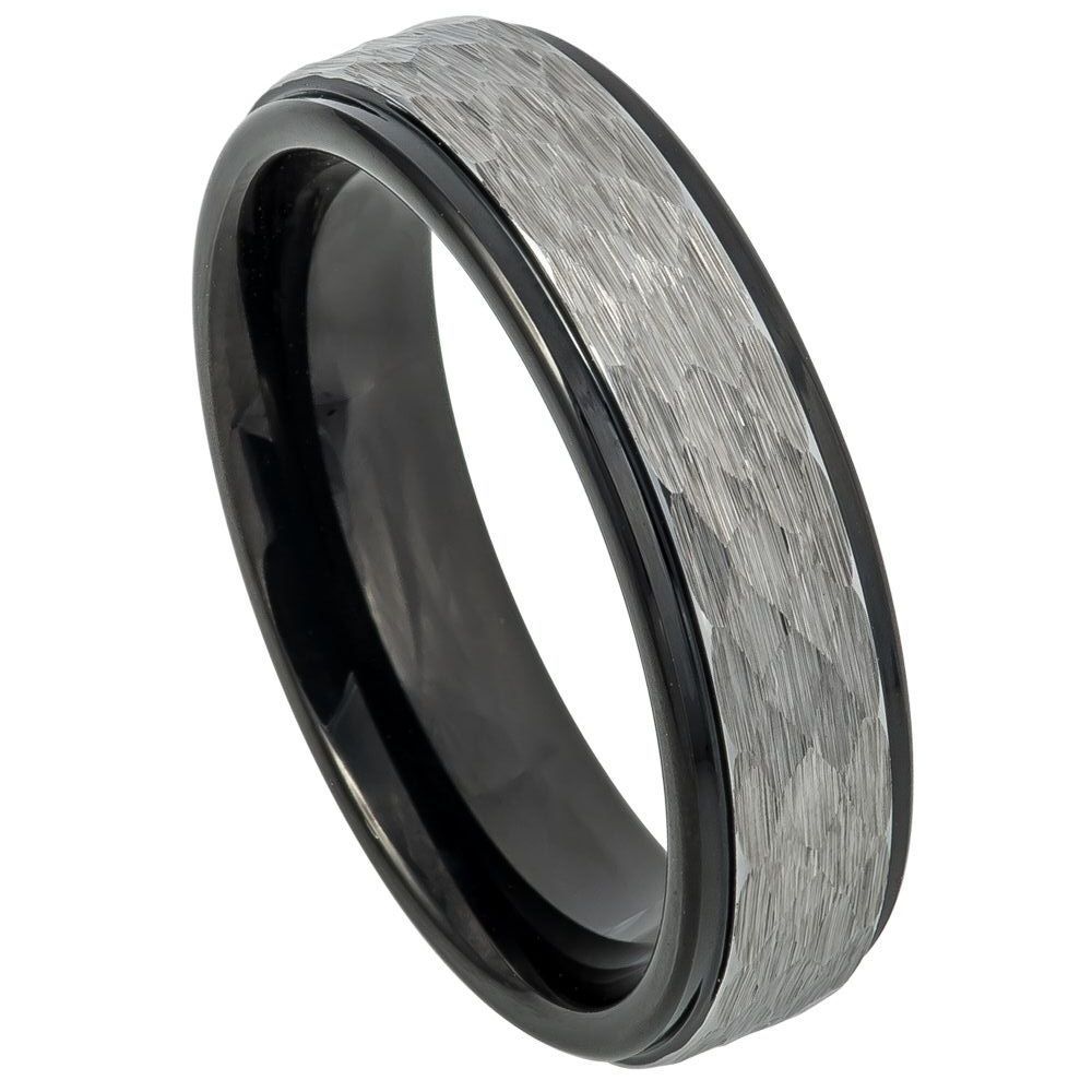 6mm Black Tungsten Band with Hammered Gray Center on white background
