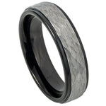 6mm Black Tungsten Band with Hammered Gray Center on white background