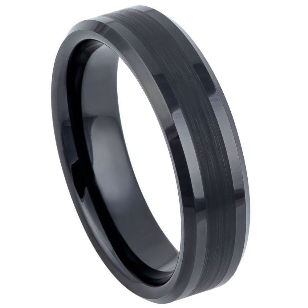 6mm Black Tungsten Brushed Beveled-Edge Band on white background