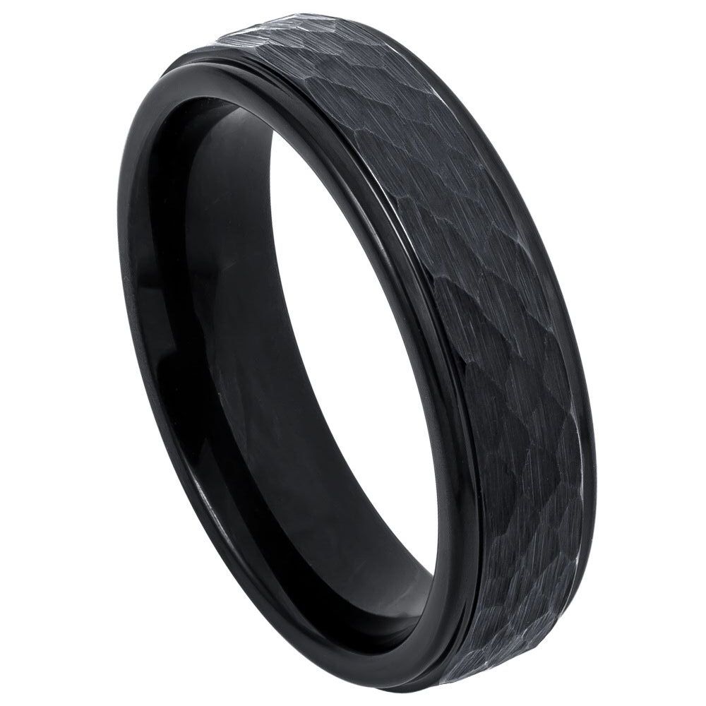 6mm Black Tungsten Hammered Band with Polished Stepped Edges on white background