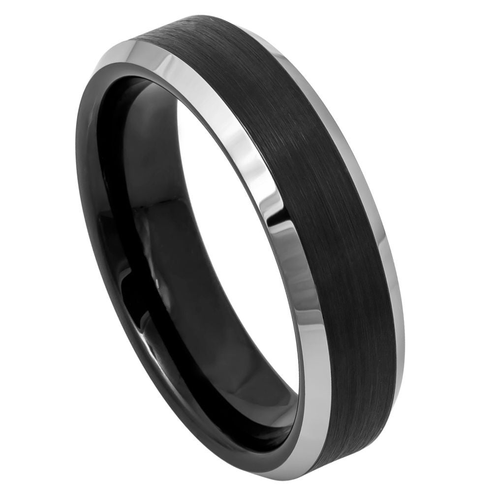 6mm Black Tungsten Brushed Band with Silver Beveled Edges on white background