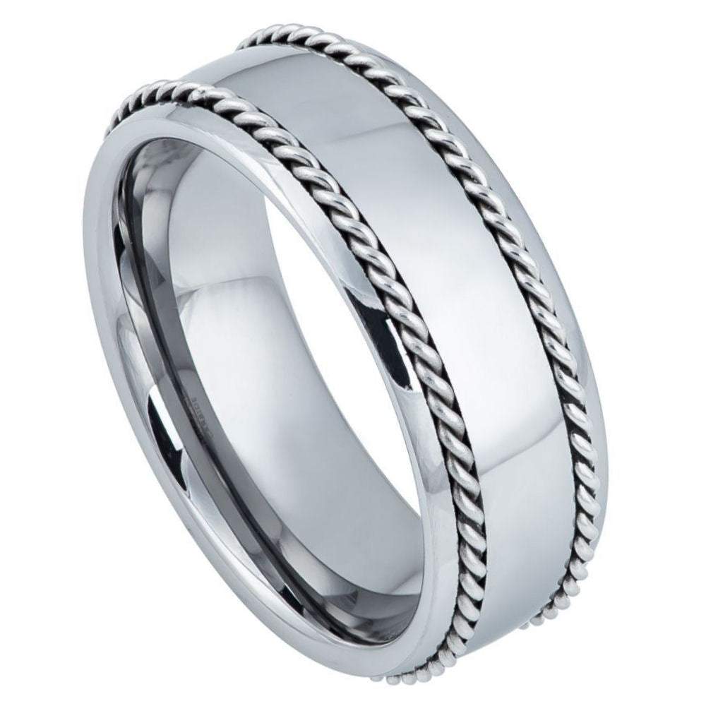 8mm Silver Tungsten Band with Black Braided Inlay on white background