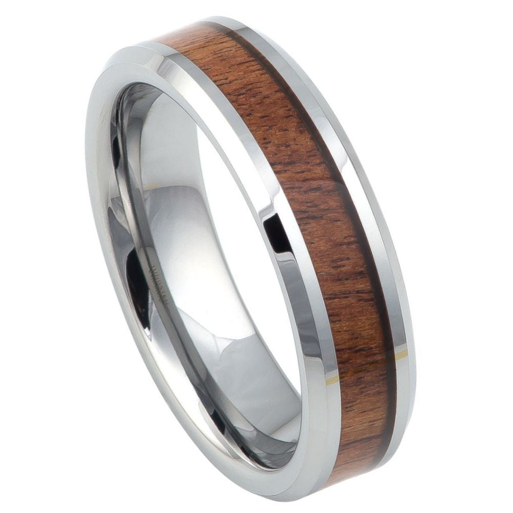 6mm Silver Tungsten Band with Mahogany Inlay on white background