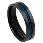 6mm Black Tungsten Beveled Band with Blue Groove on white background
