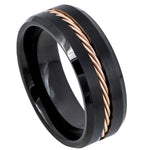8mm Black Tungsten Band with Rose Braided Inlay on white background