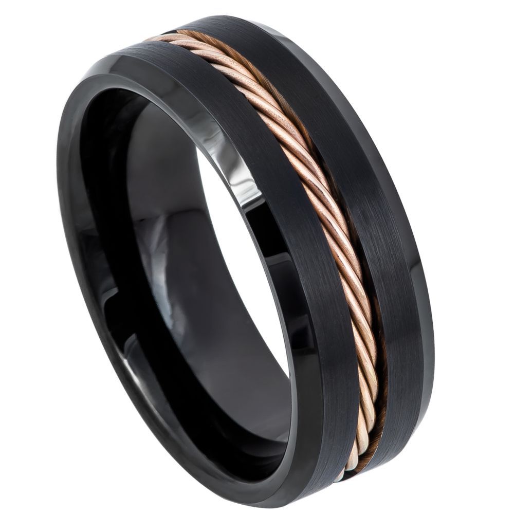 8mm Black Tungsten Band with Rose Braided Inlay on white background