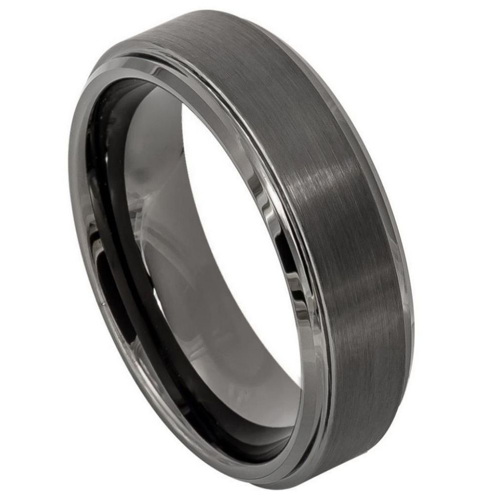 6mm Gunmetal Tungsten Brushed Band with Stepped Edges on white background